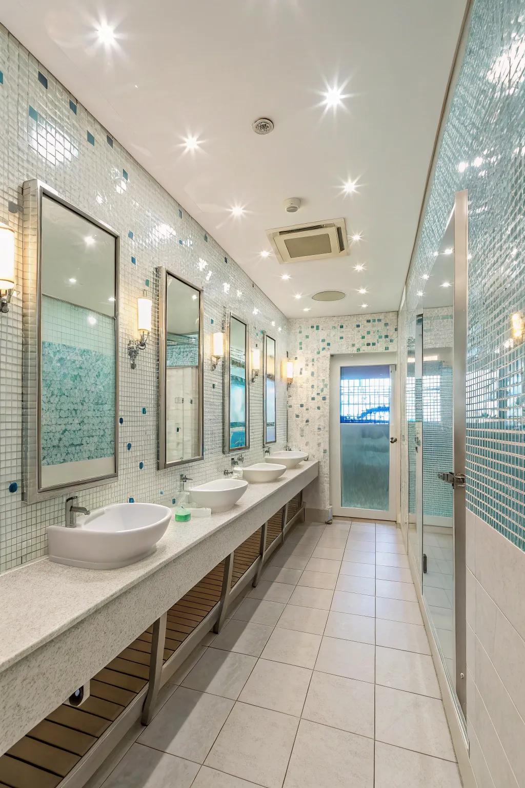 Bathroom featuring art with reflective surfaces to brighten and enlarge space.