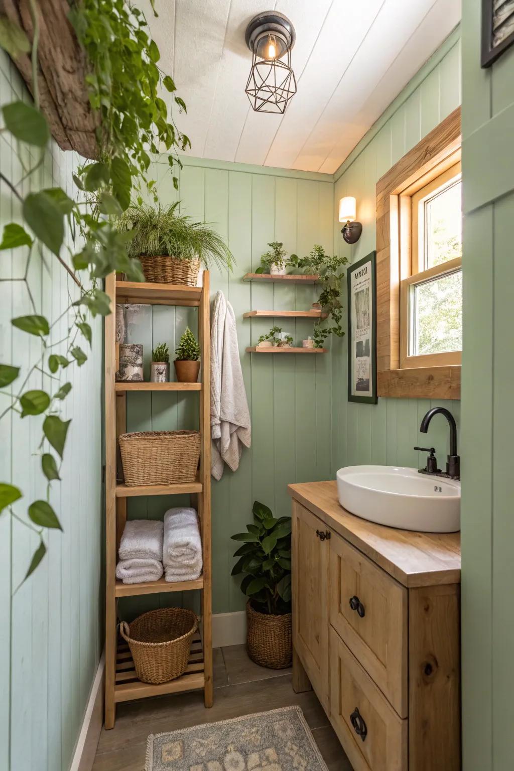 Bathroom with pale green walls and natural accents