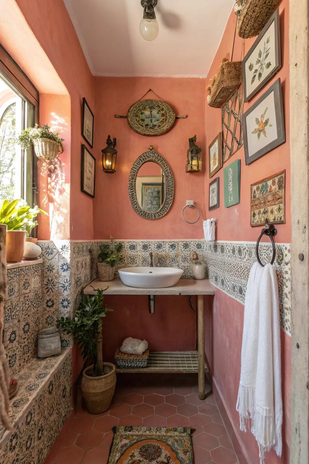Vibrant coral bathroom accents