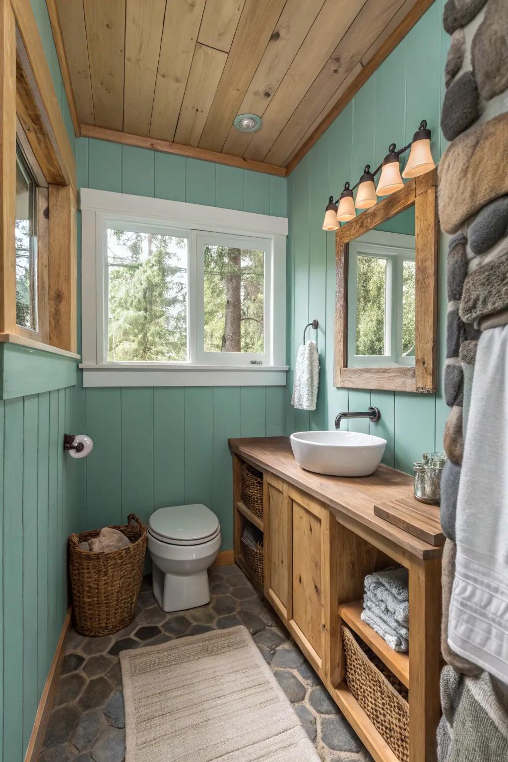 Soft teal bathroom with natural wood accents