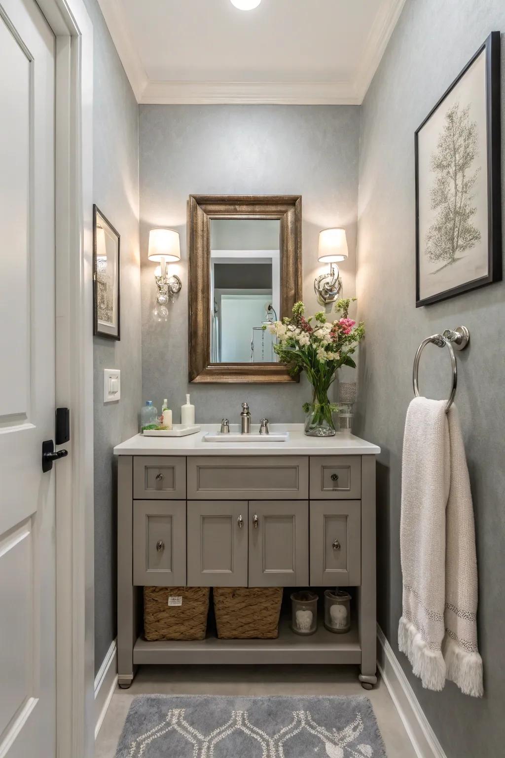 Soft gray bathroom offering classic elegance