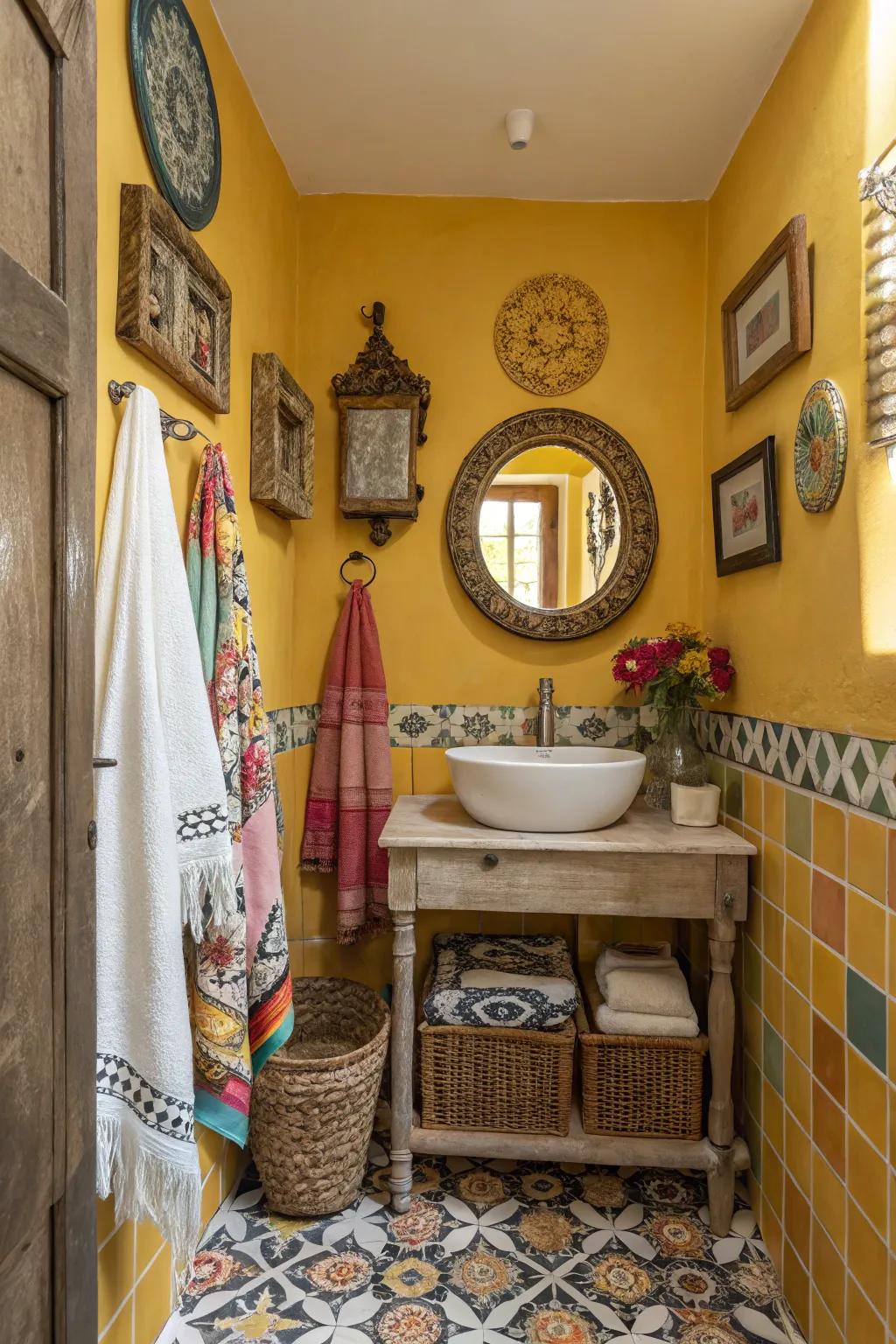 Bathroom accented with vibrant mustard yellow