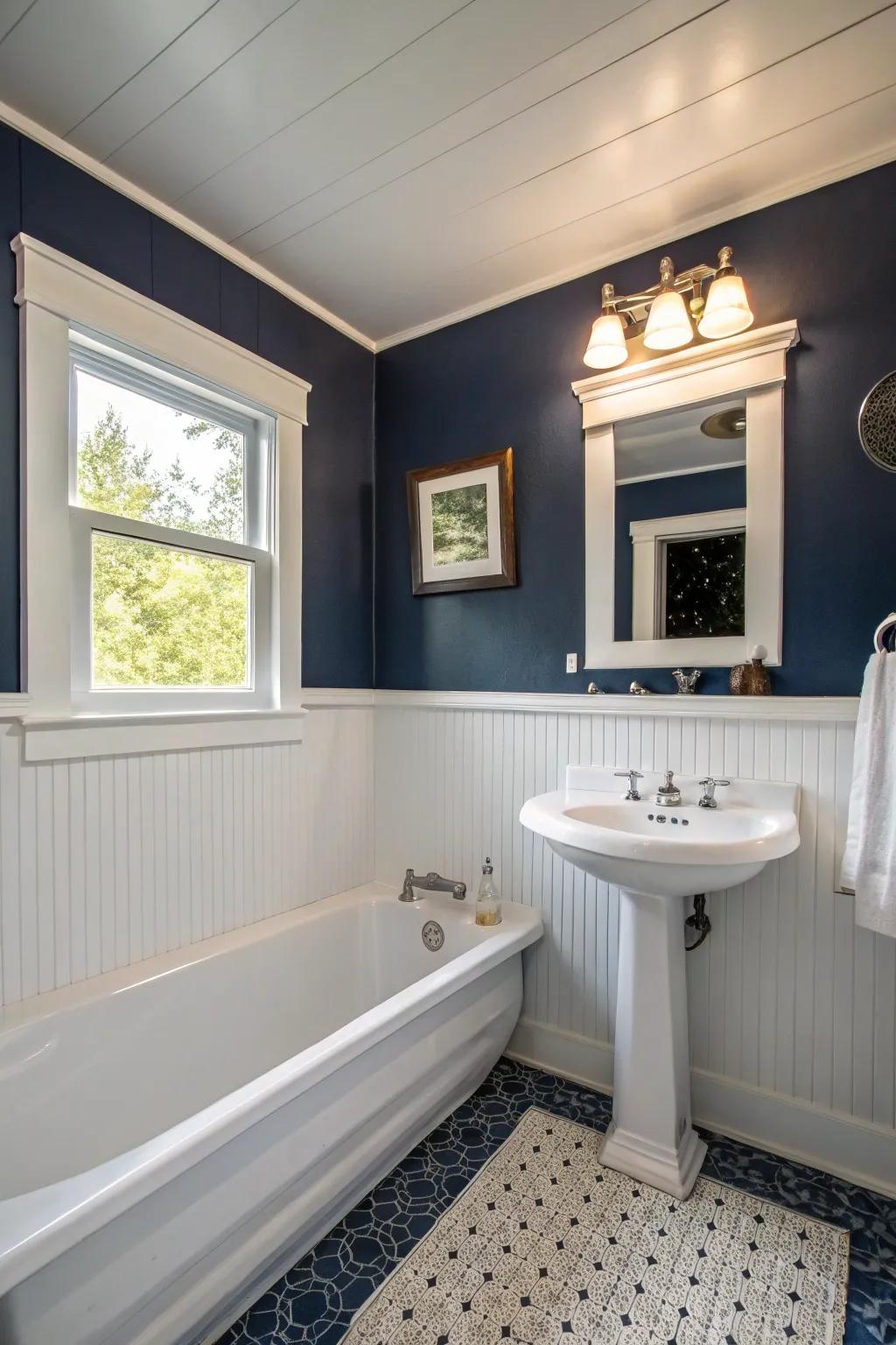 Navy blue accent wall in bathroom