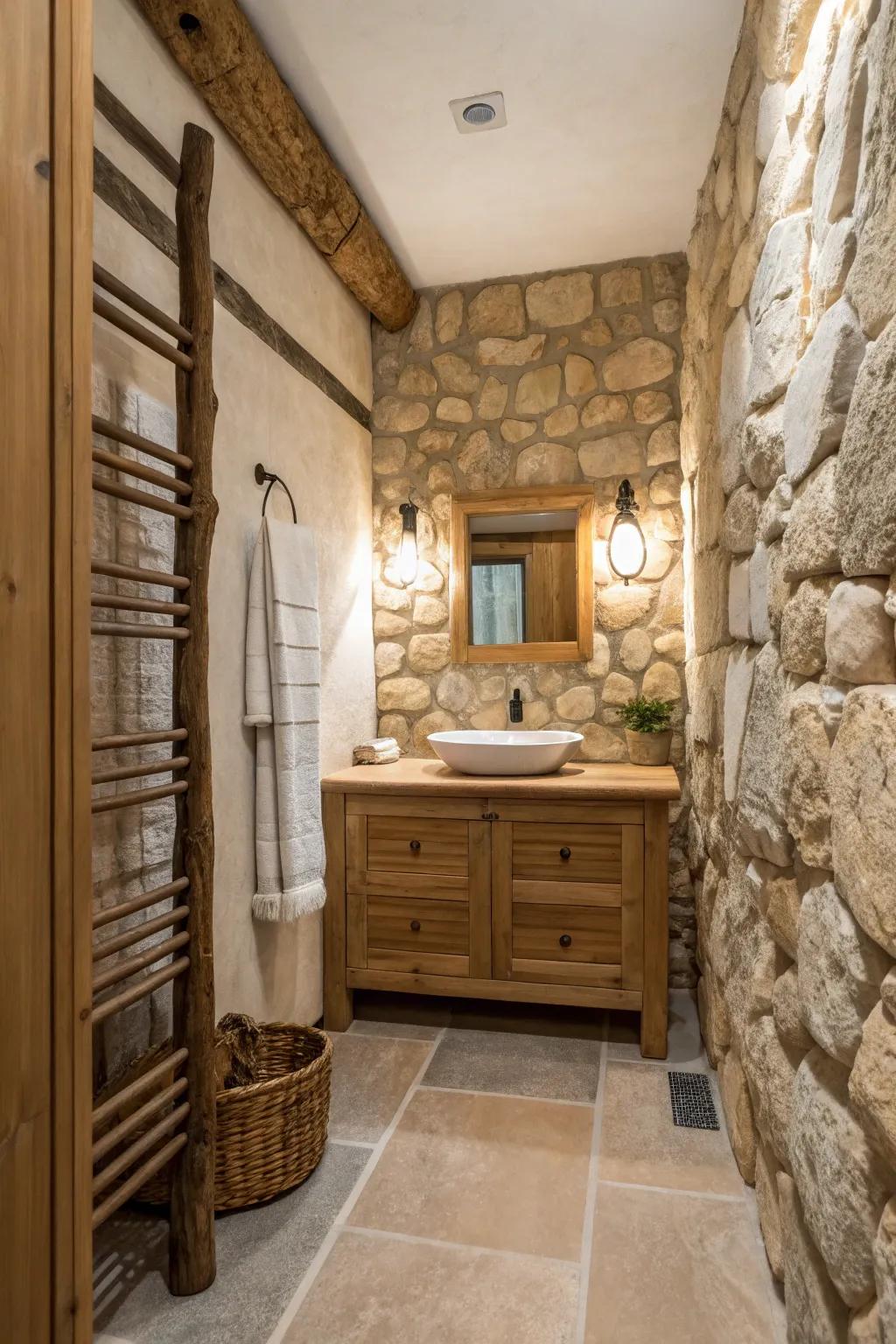 Natural stone tones in a small bathroom