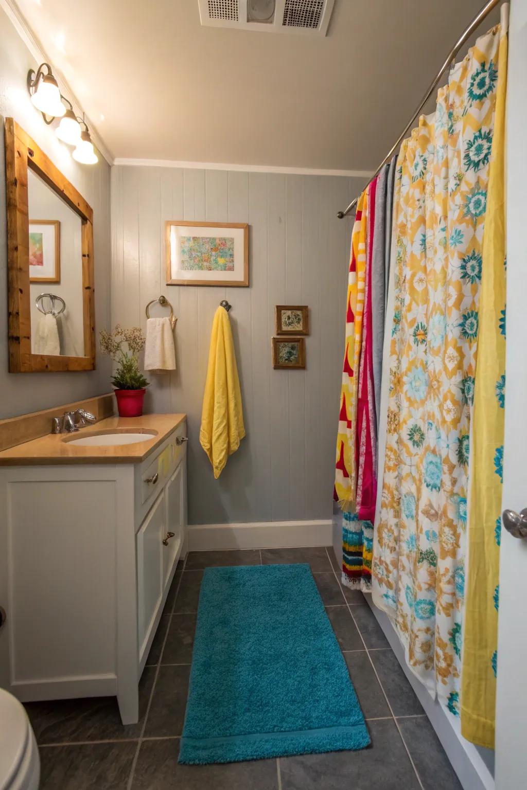 Light gray bathroom with colorful accents