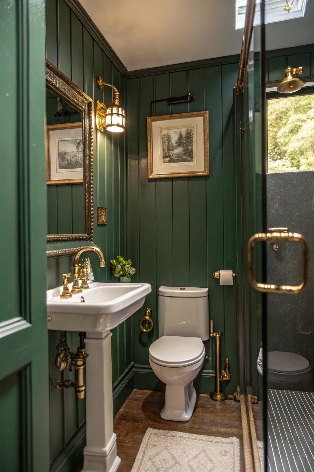 Forest green bathroom with brass accents