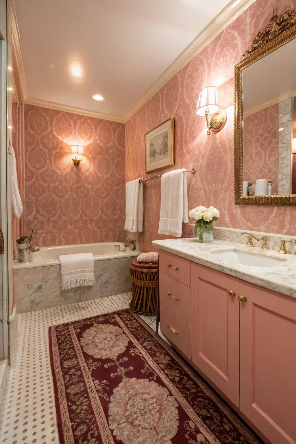 Warm rosy pink bathroom with cozy accents