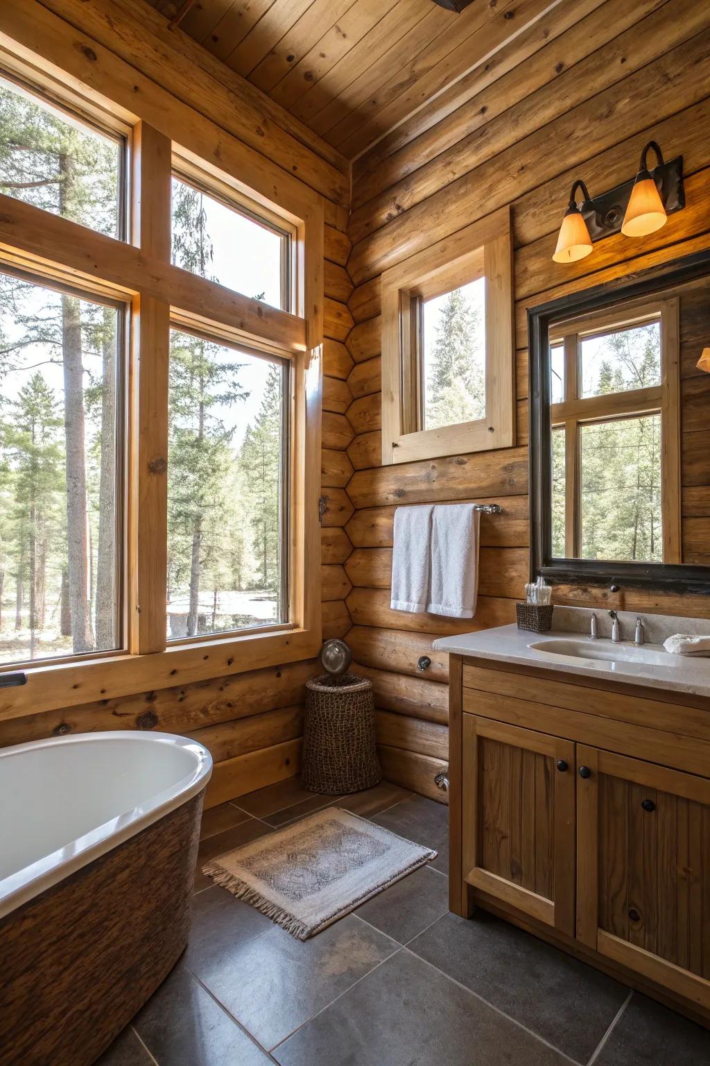 Cabin bathroom with expansive windows revealing outdoor nature views.