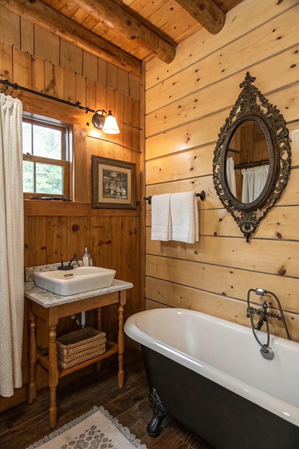 Cabin bathroom decorated with wood paneling and rustic motifs.