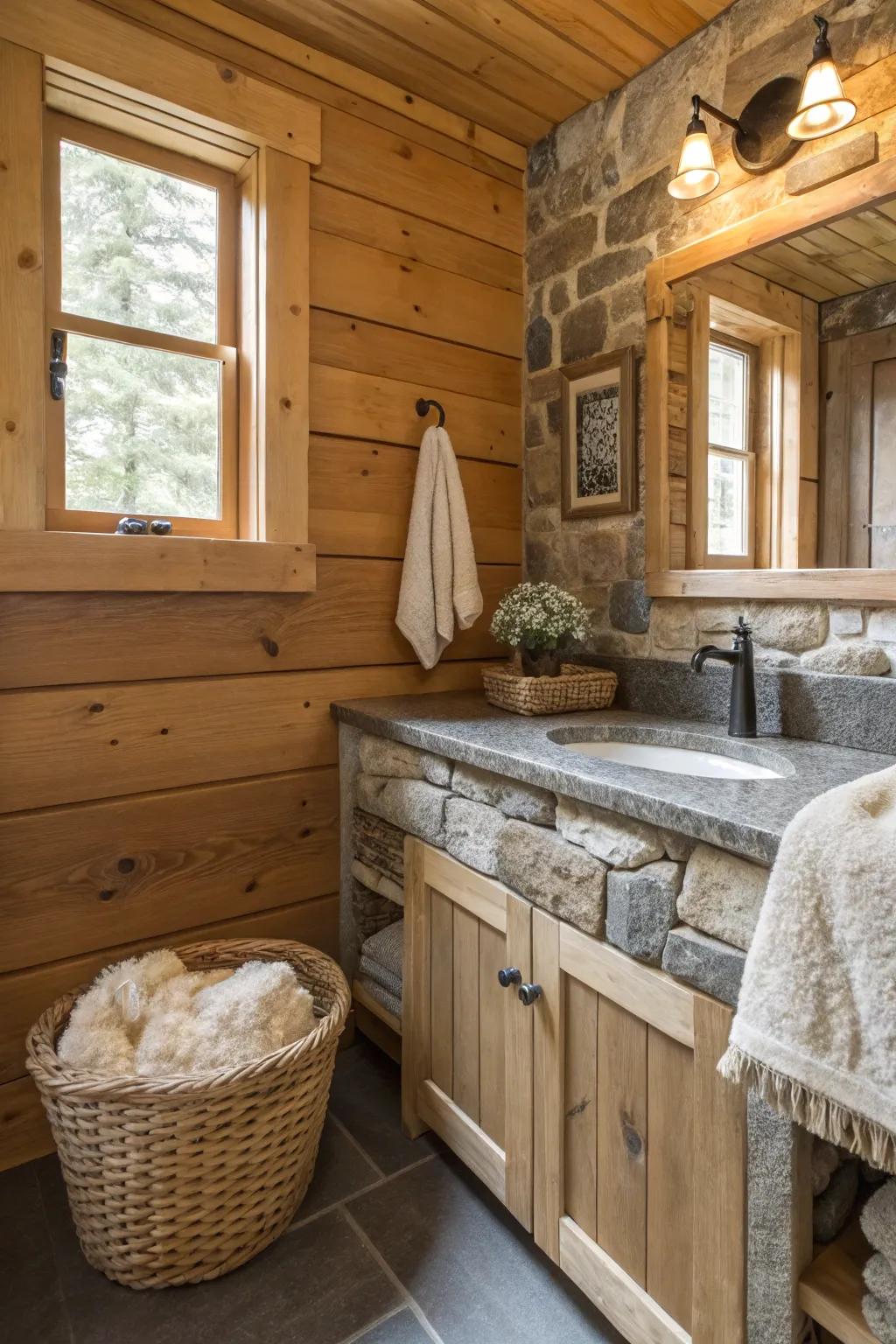 Cabin bathroom showcasing a blend of stone, wood, and textile textures.