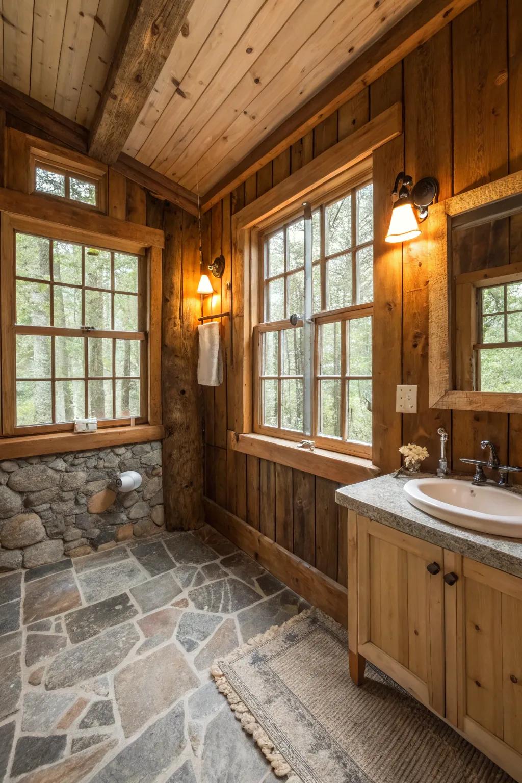Bathroom featuring upcycled barn windows enhancing rustic style.