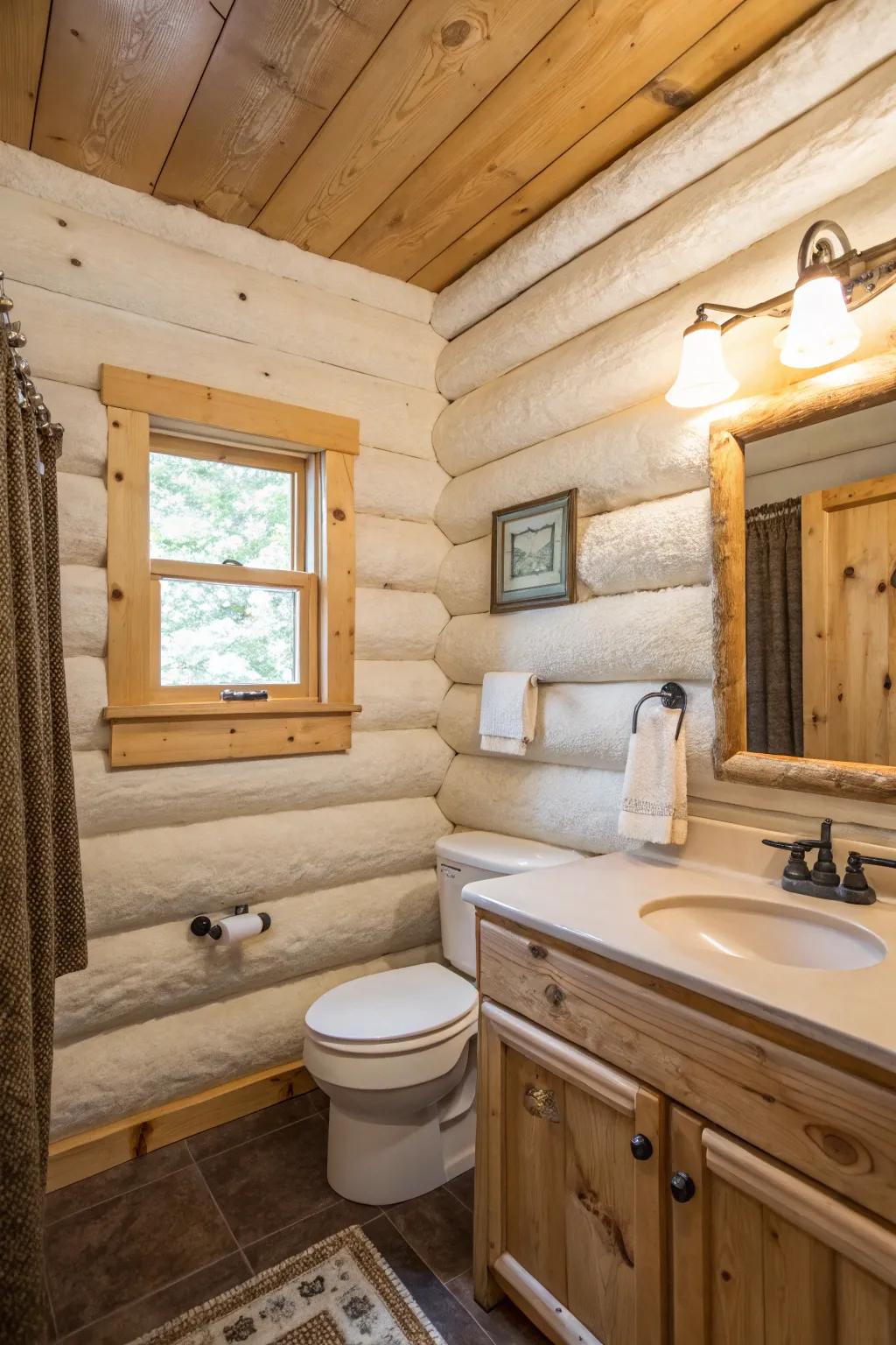 Cabin bathroom with painted plaster between logs for brightness.