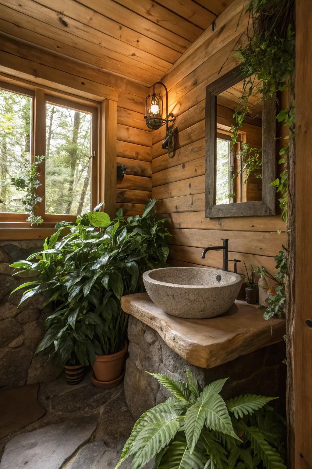 Bathroom featuring plants and natural stone basin for earthy decor.