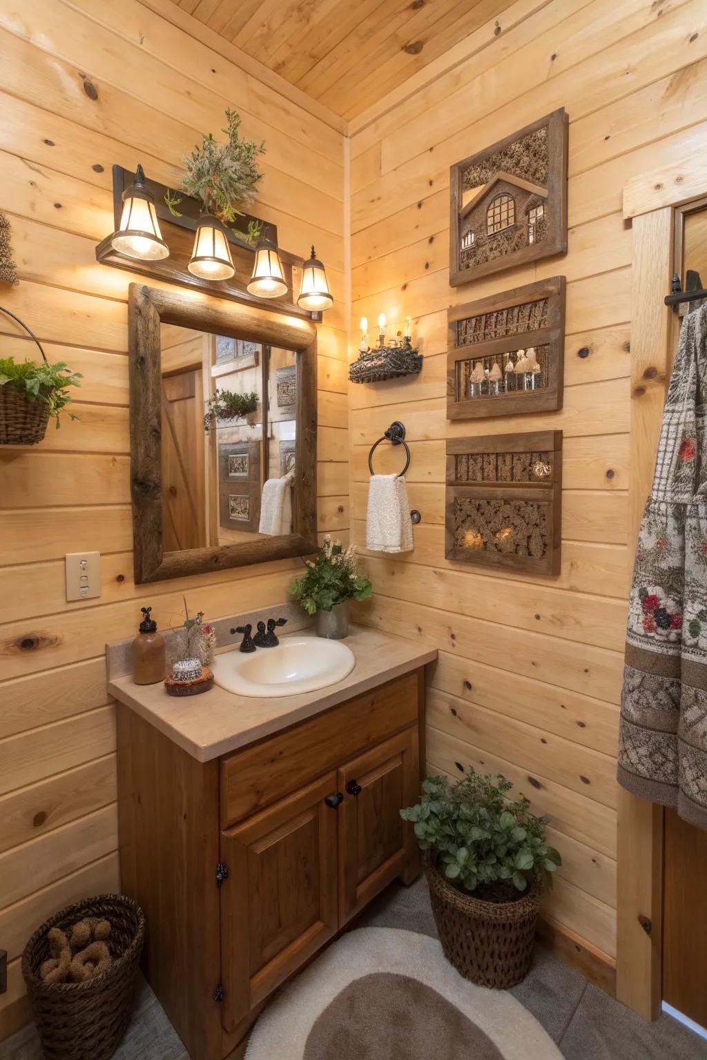 Bathroom featuring personalized wood signs and charming accents.