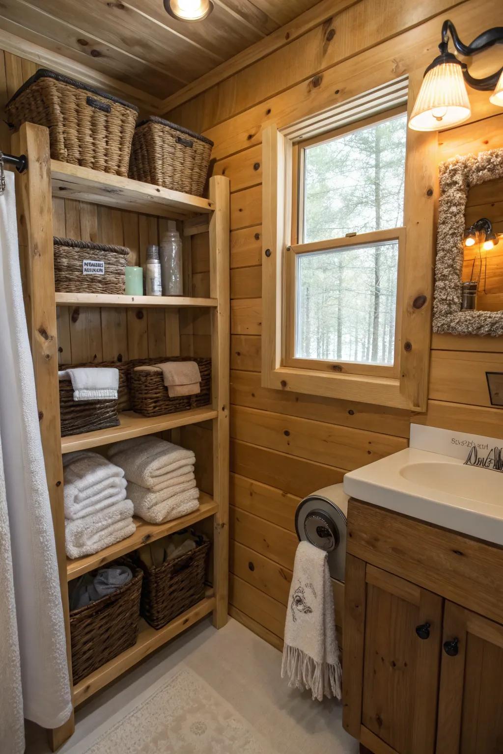 Cabin bathroom with clever wooden shelving optimizing space.