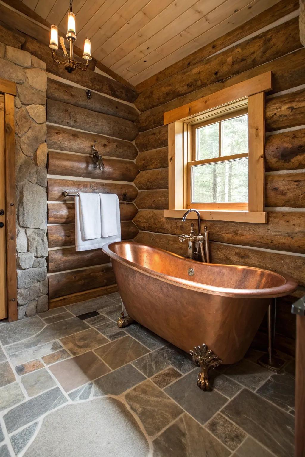 Cabin bathroom spotlighting a copper-lined clawfoot tub centerpiece.