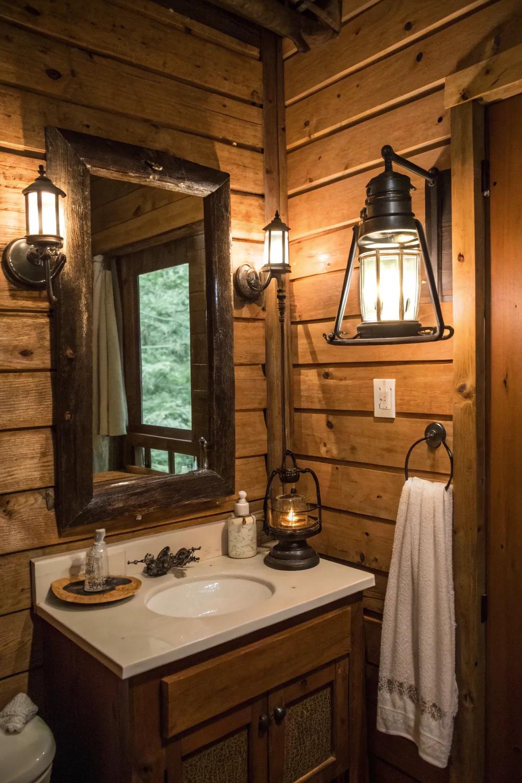 Bathroom with vintage mirror and lantern-inspired lighting for nostalgic appeal.