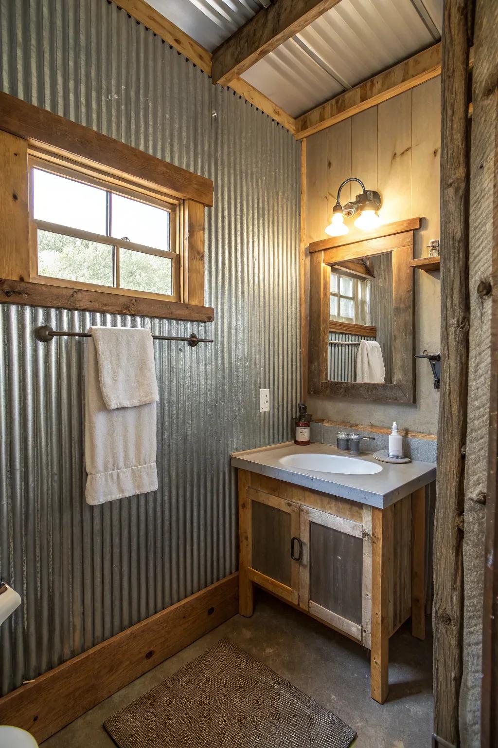 Industrial-style bathroom with corrugated barn tin walls blending rustic and modern.