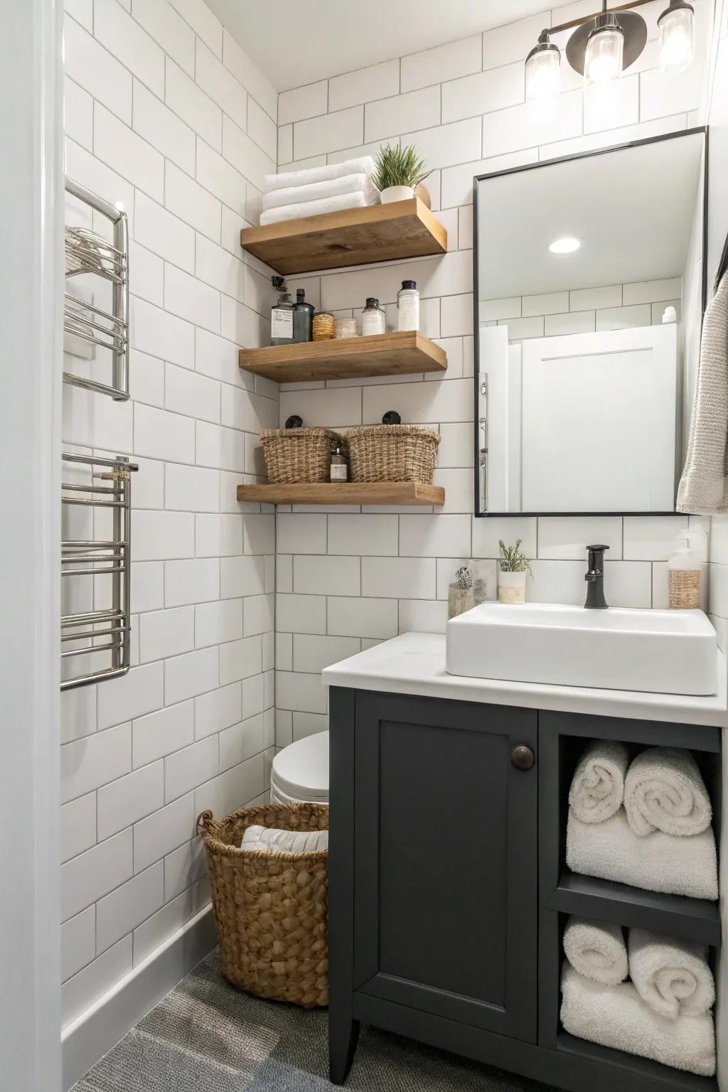 Open shelving provides storage while keeping the space airy.