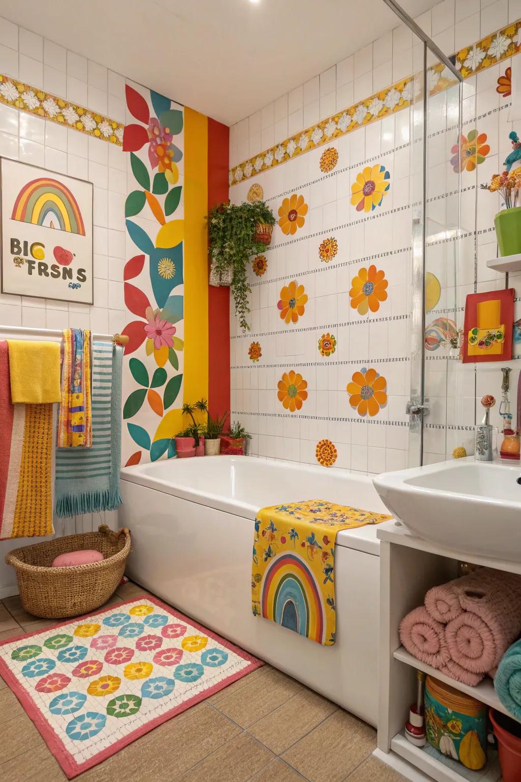 Colorful retro tiles brighten up the bathtub frame.