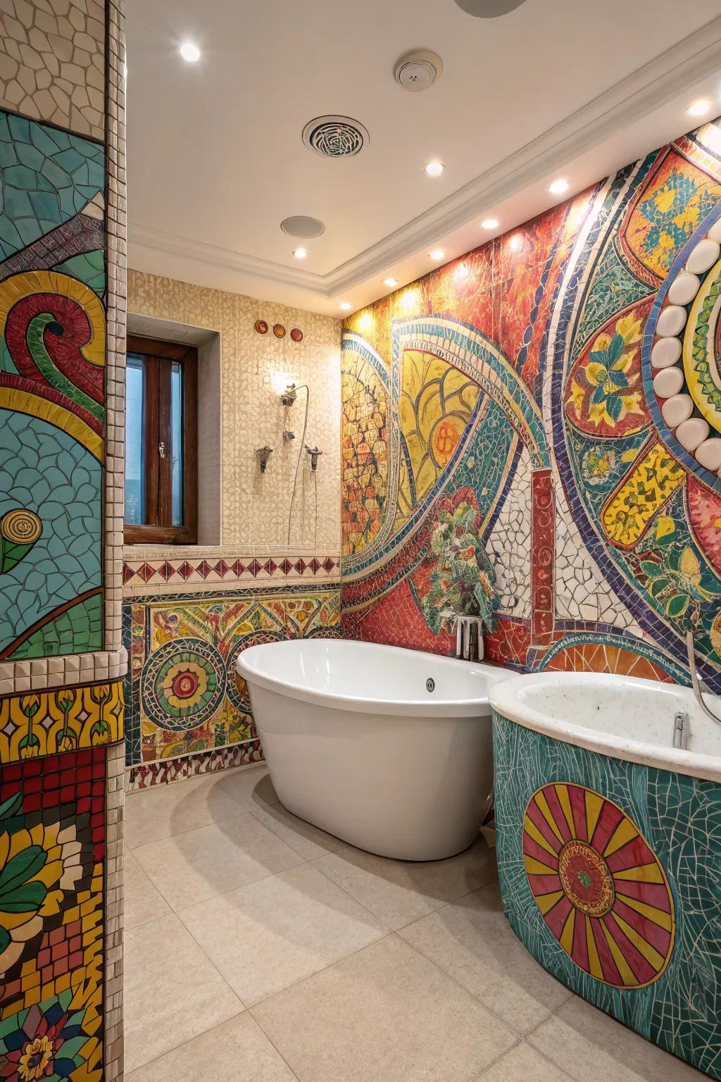 Artistic mosaic tiles create a distinctive bathtub frame.