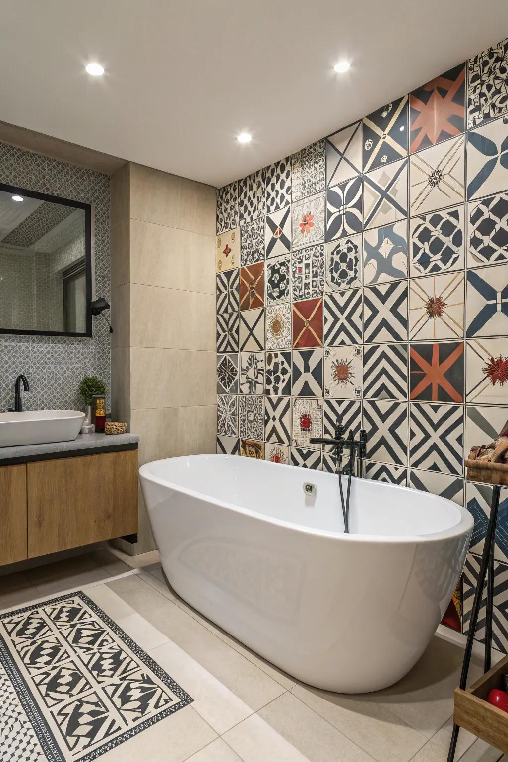 Geometric patterns framing the bathtub for bold bathroom design.