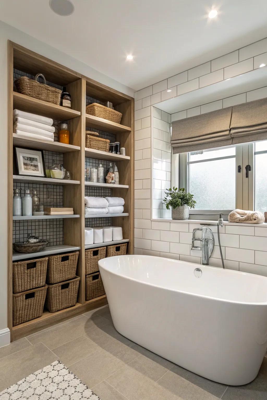 Integrate stylish storage into your bathtub frame.
