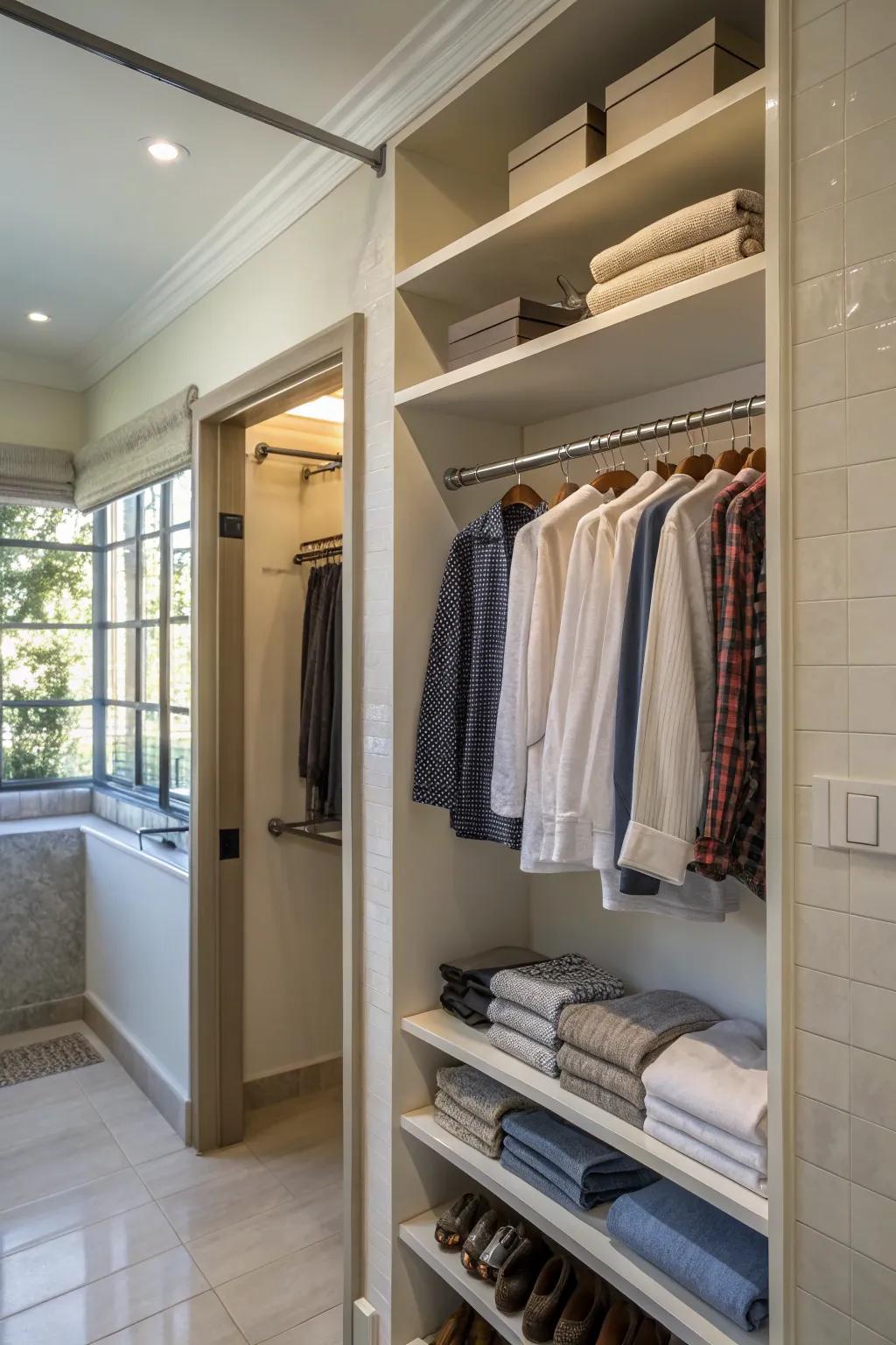A cleverly installed rod for hanging clothes beneath shelves.