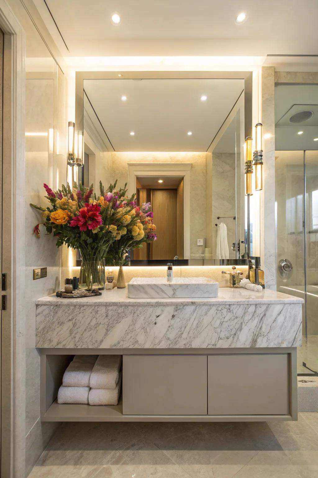 Bathroom decorated with fresh floral arrangements
