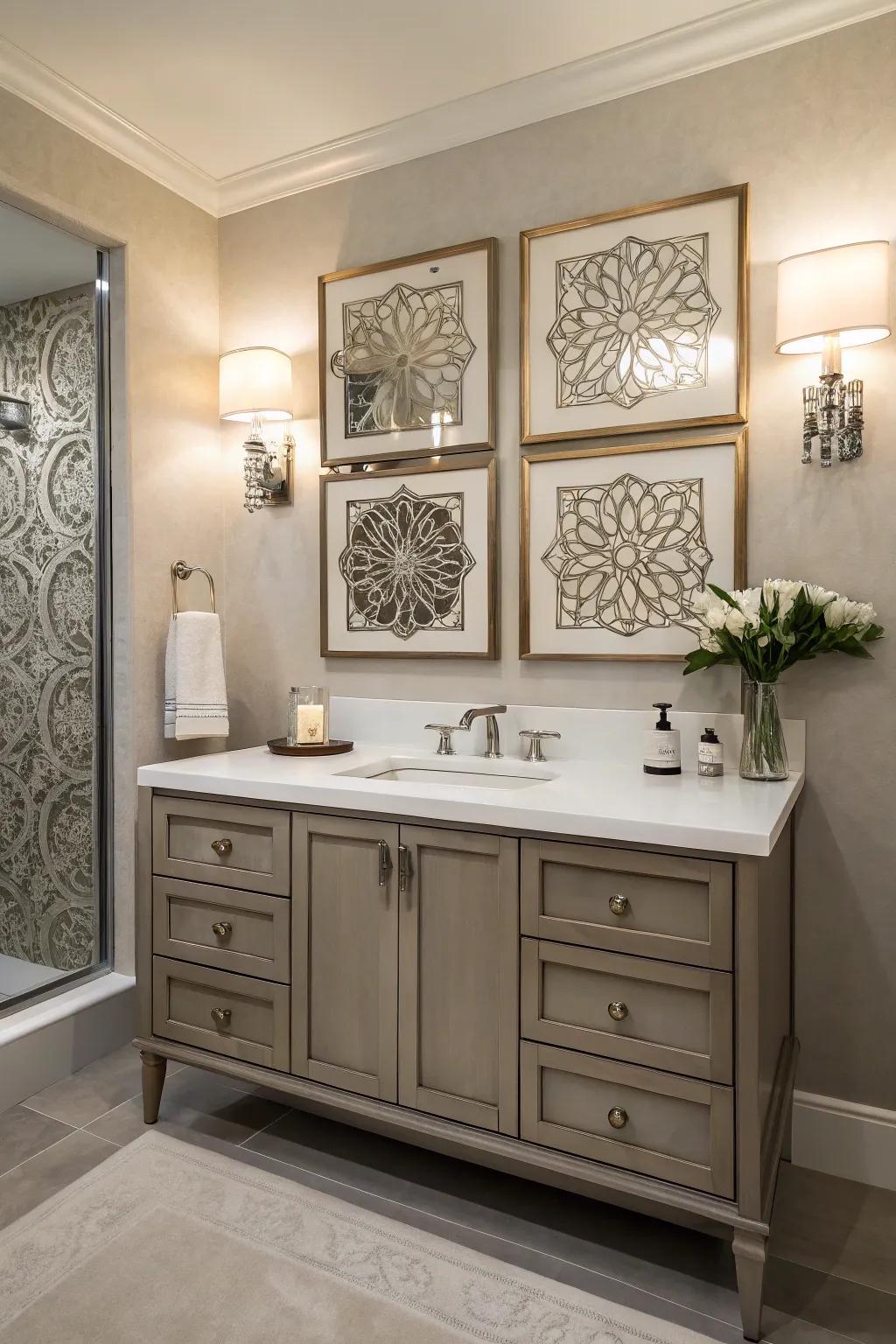 Bathroom with artistic wall decorations