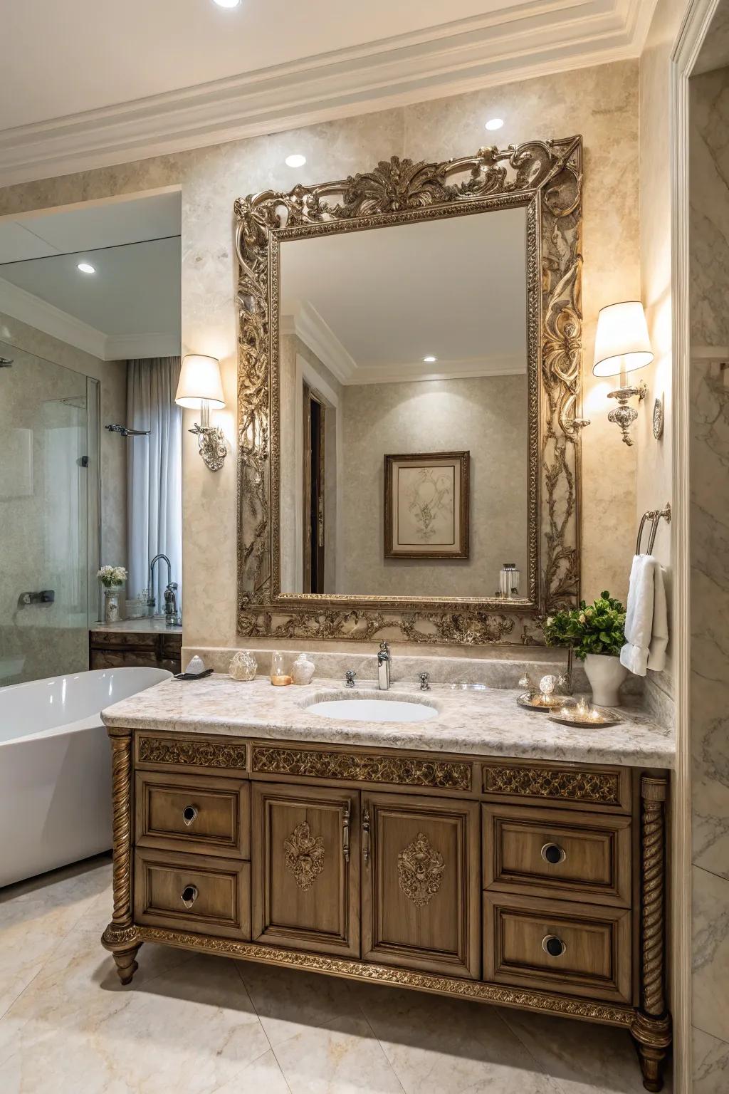 Luxurious bathroom with an ornate framed mirror