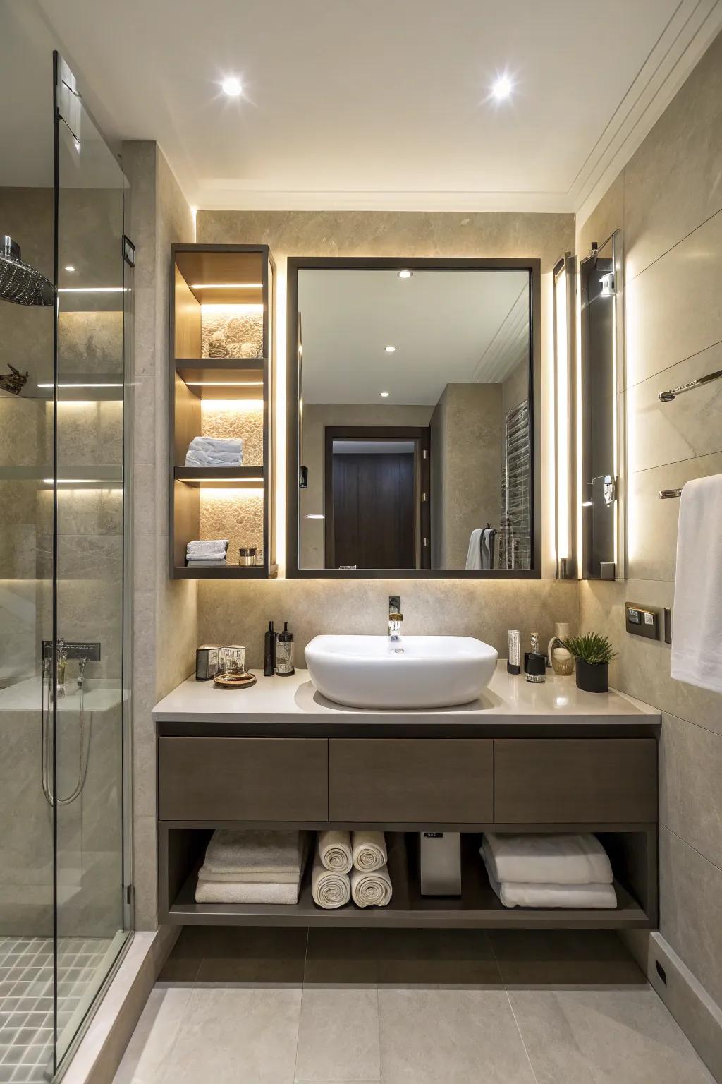 Contemporary bathroom with smart mirror and modern fittings