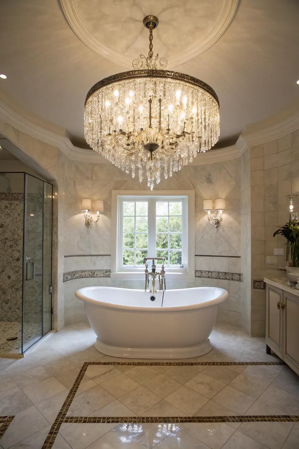 Glam bathroom featuring an elegant crystal chandelier