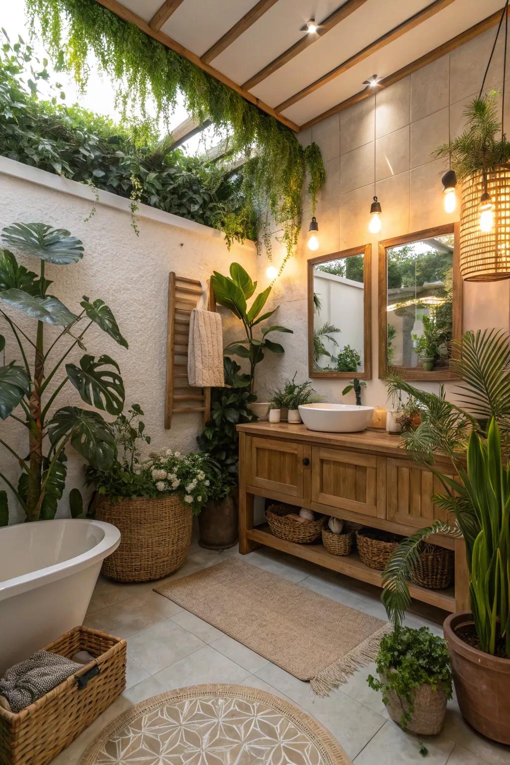 Bathroom featuring lush green plants and natural accents
