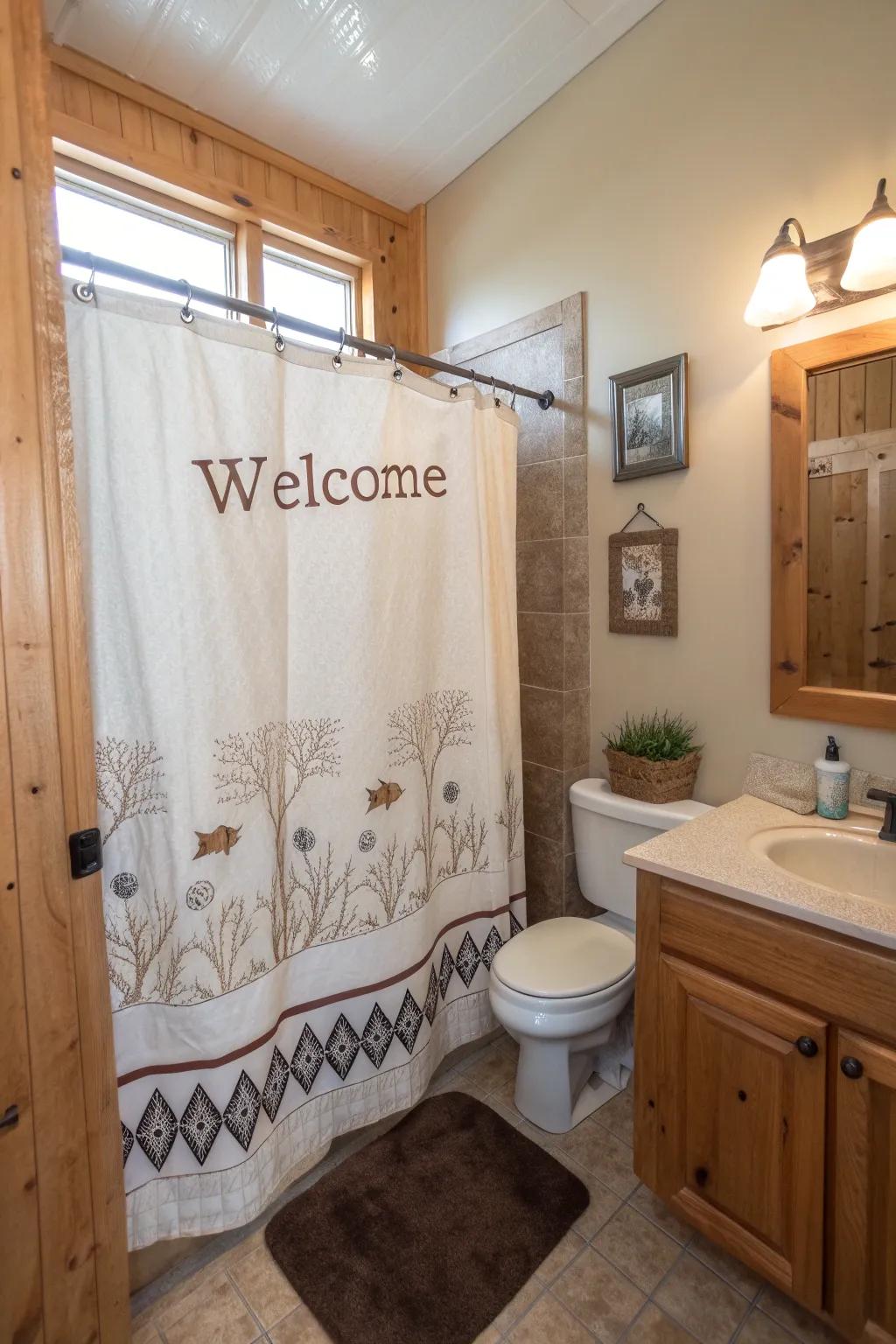 A shower curtain adorned with heartfelt, welcoming text brightens the bathroom