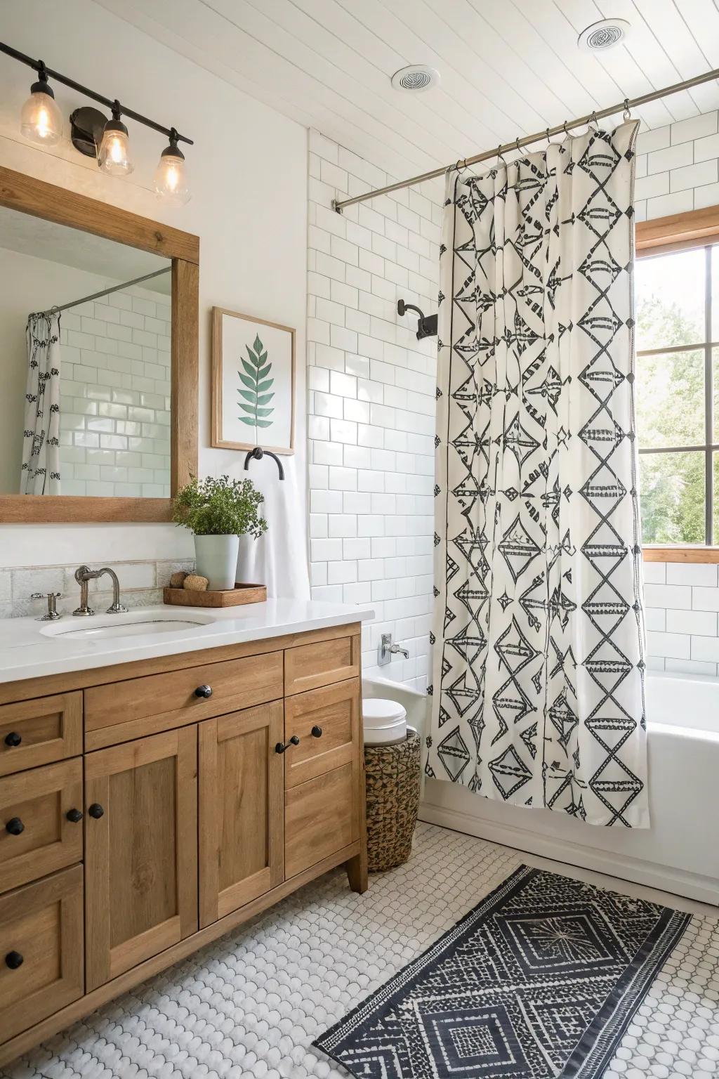 A farmhouse bathroom boasting a trendy geometric design on the shower curtain