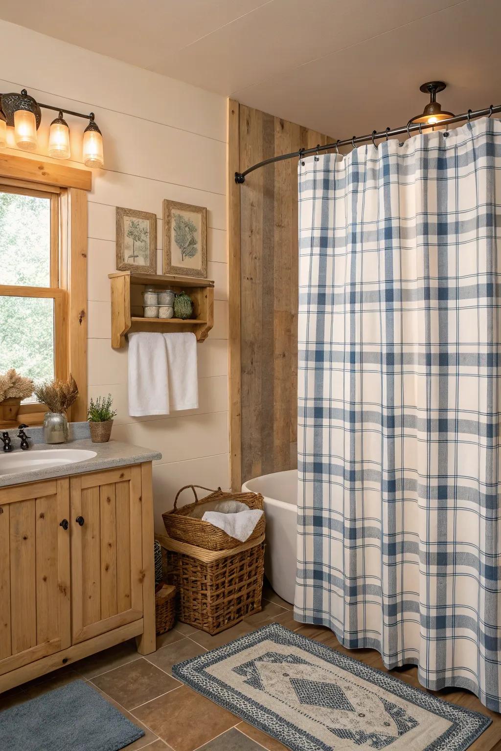 Bathroom featuring a plaid shower curtain that exudes rustic warmth