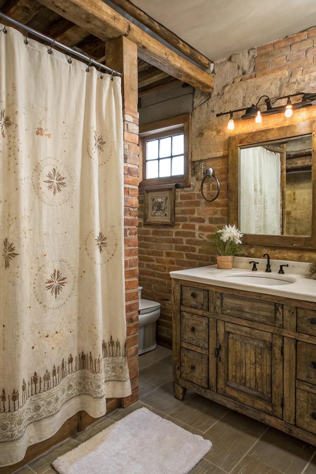A farmhouse bathroom enhanced by a distressed textured shower curtain and rustic accessories