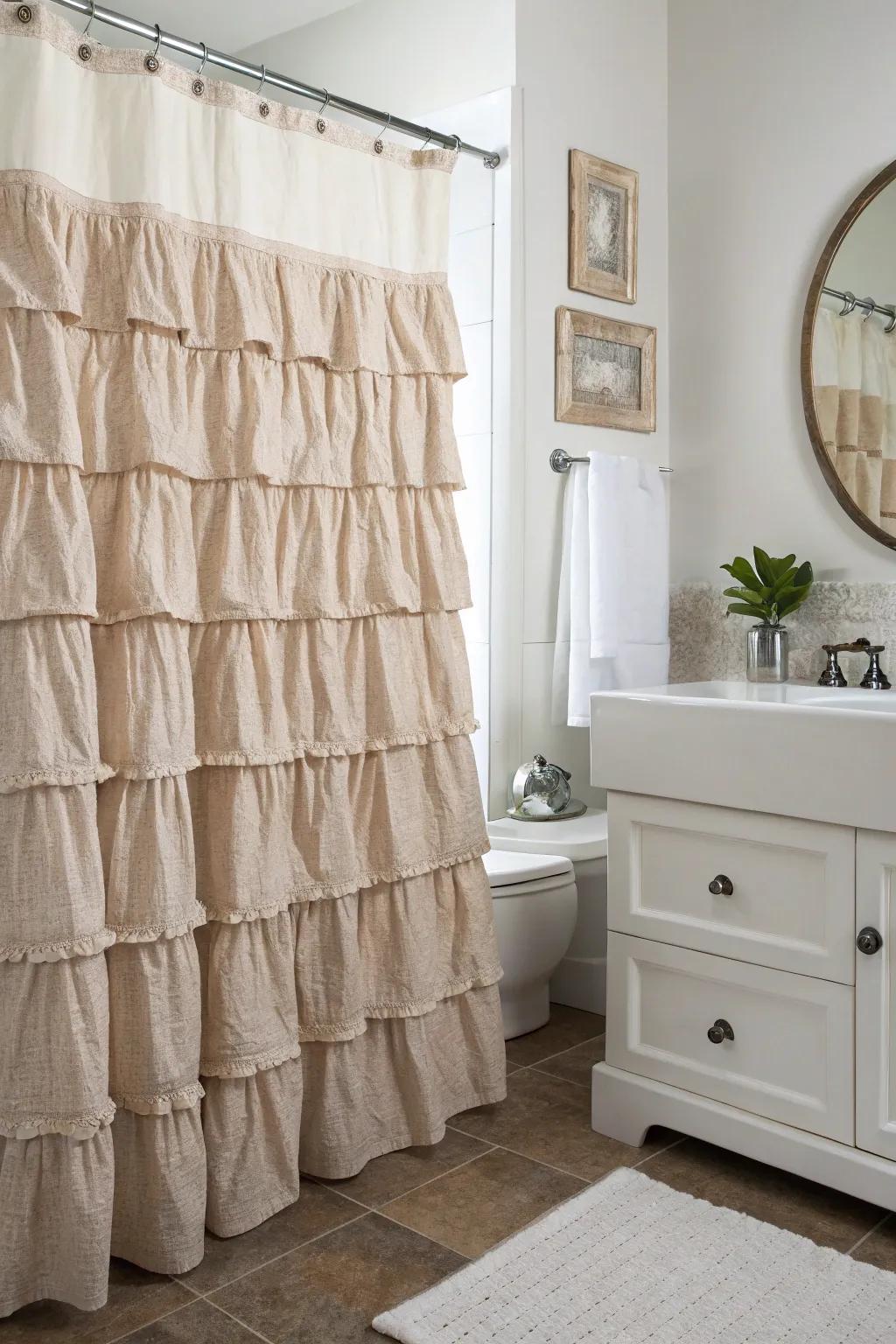 Shower curtain with delicate ruffles juxtaposed with rustic farmhouse decor