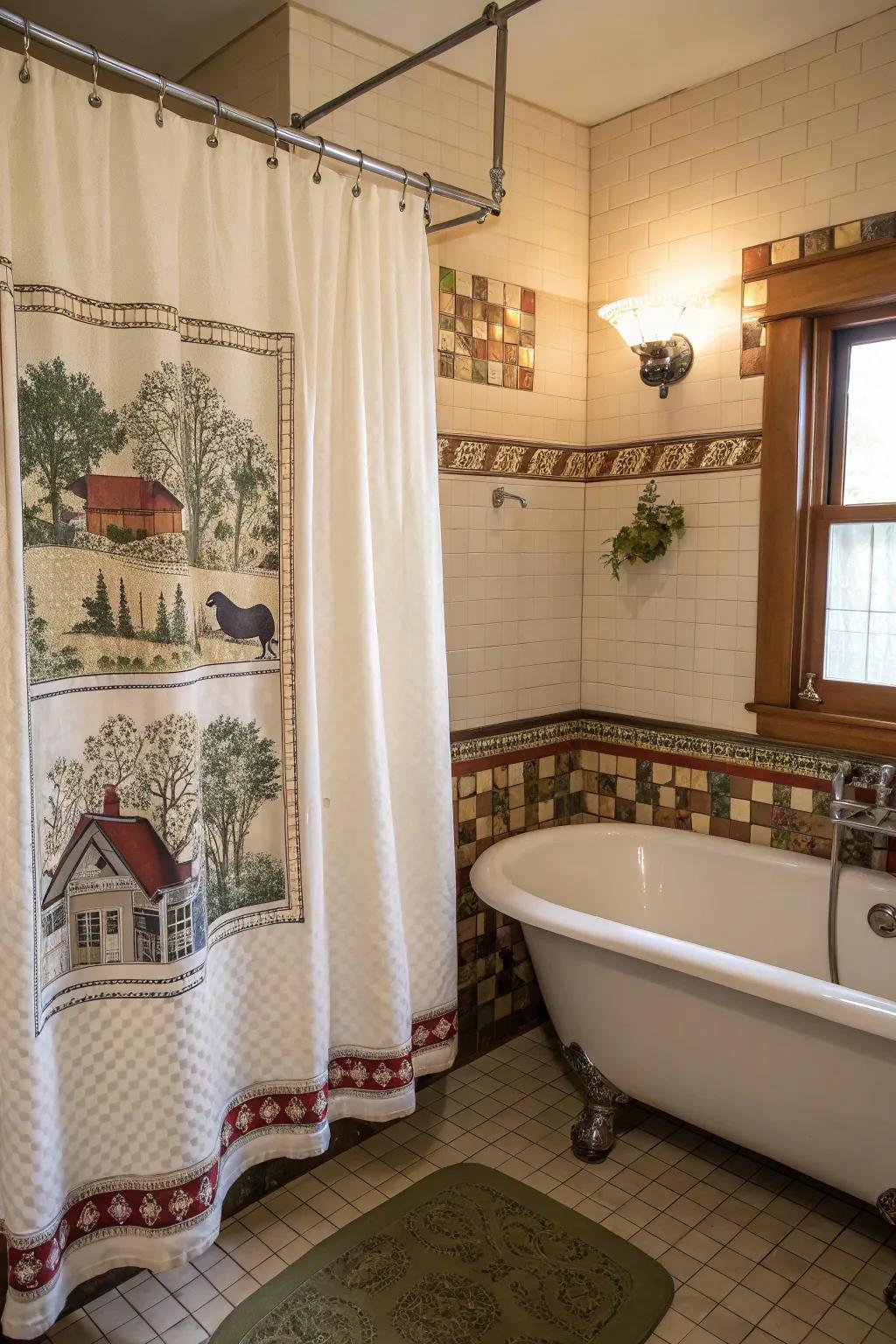 Bathroom featuring a charming shower curtain with classic farm life illustrations