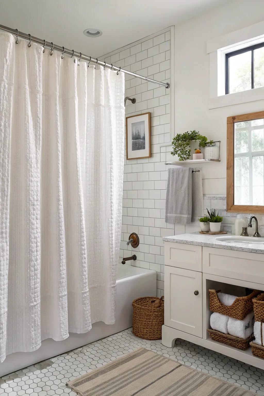 Light and breezy bathroom with a seersucker fabric shower curtain