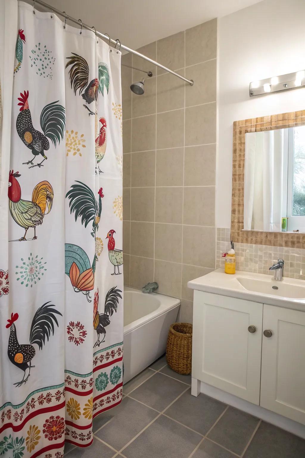 Farmhouse bathroom with shower curtain featuring playful animal designs