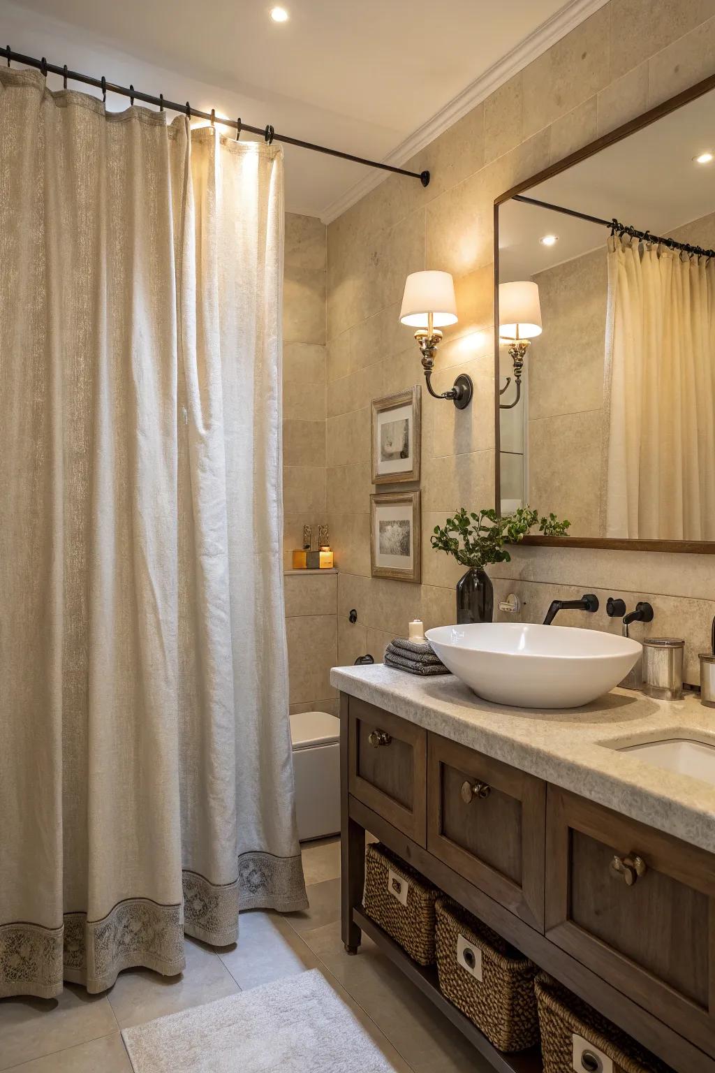 Serene bathroom featuring a natural linen shower curtain with earthy tones