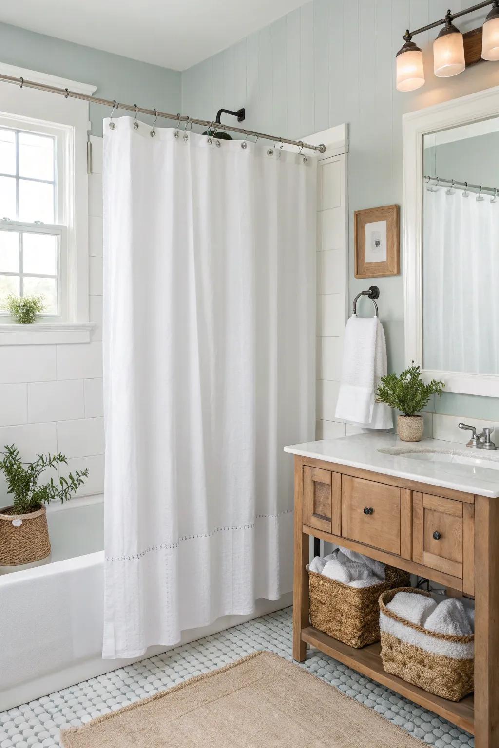 Minimalist bathroom with a soft white shower curtain creating a peaceful vibe