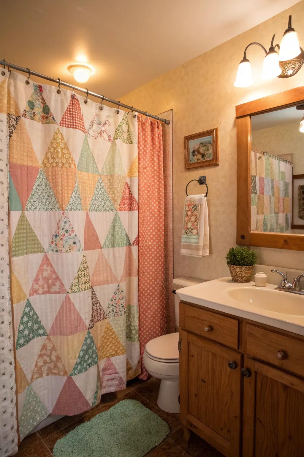 A warm bathroom featuring a vibrant patchwork patterned shower curtain