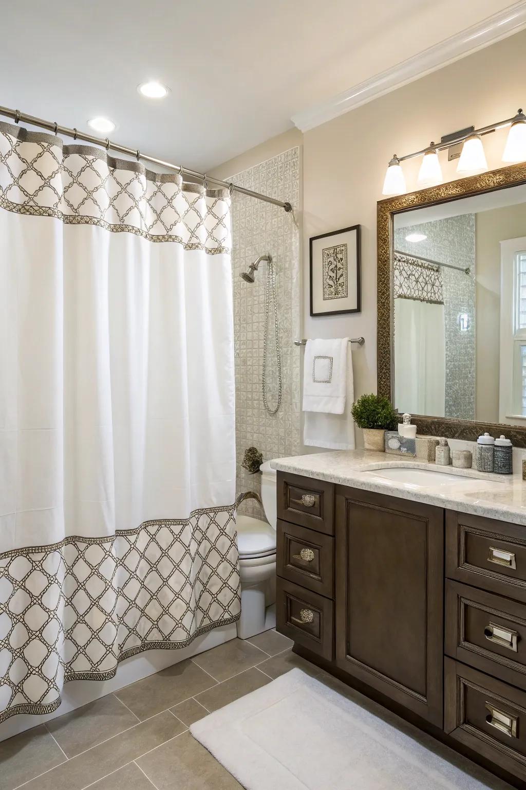 A sophisticated bathroom showcasing a rod pocket style shower curtain