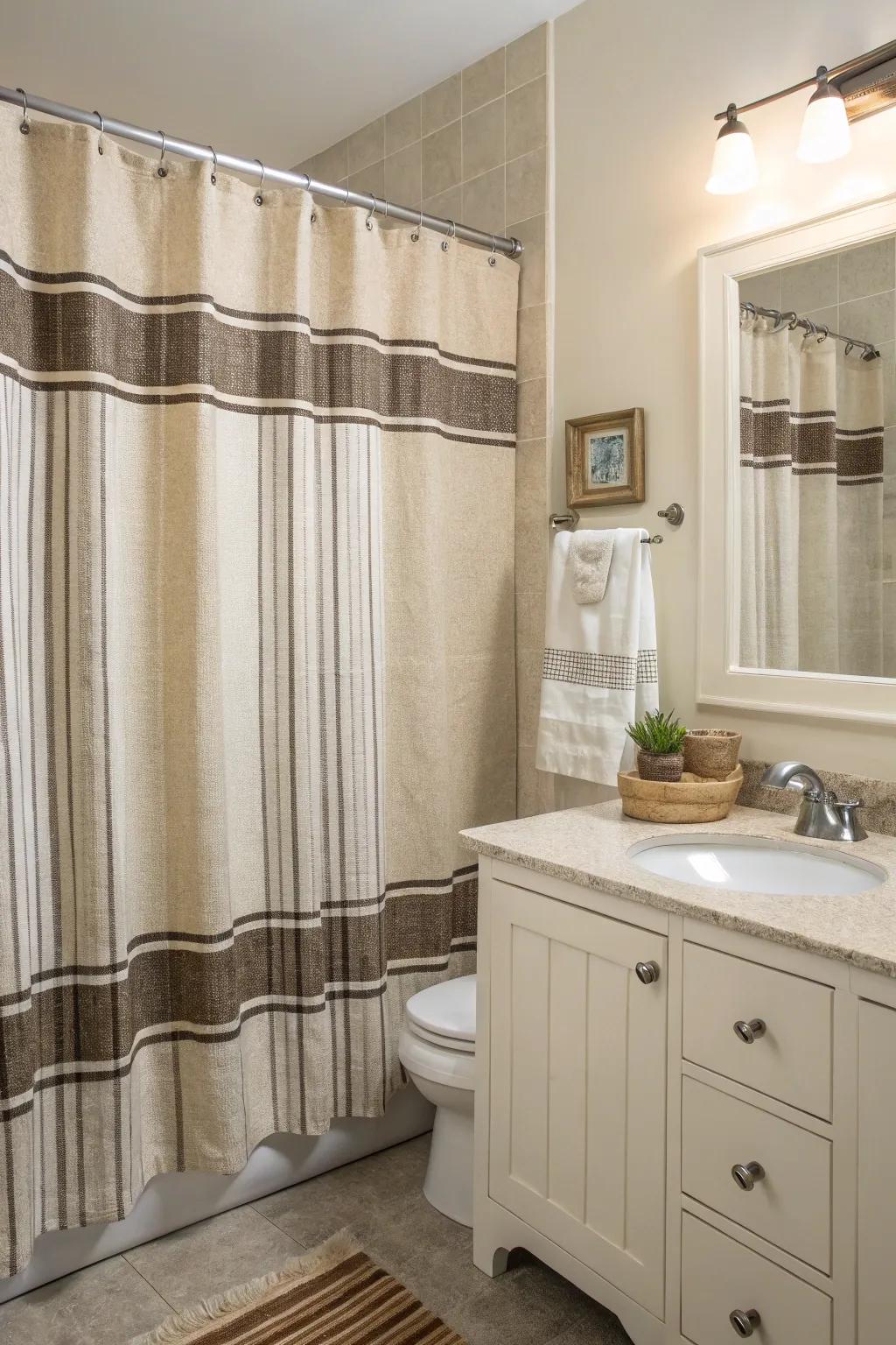 Bathroom with a timeless grain sack striped shower curtain