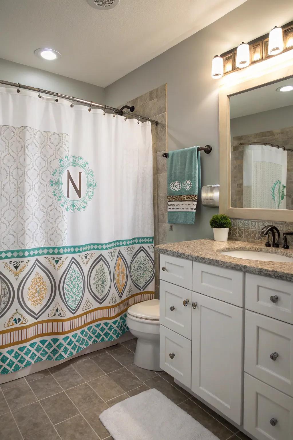 Custom monogrammed shower curtain adds a unique flair to farmhouse bathroom