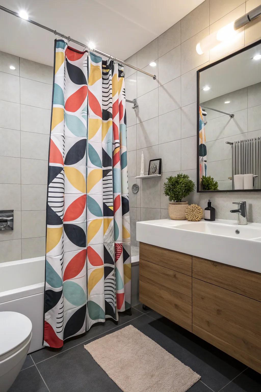 Bold graphic patterned shower curtain paired with modern farmhouse decor