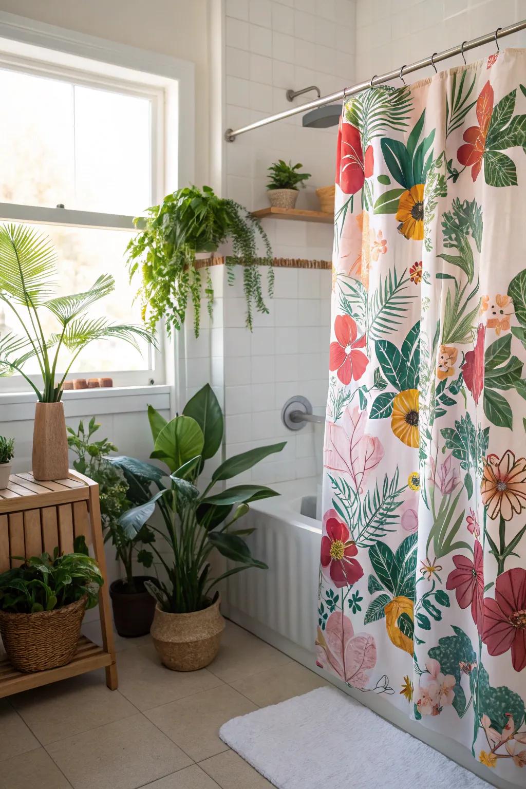 Floral patterned shower curtain paired with lush greenery in bathroom